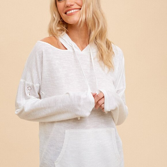 HEM & THREAD White Eyelet Cold Shoulder Hoodie, Lightweight Boho Pullover Top - Picture 4 of 7